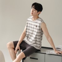 夏季薄款背心短裤睡衣男纯棉运动休闲可外穿家居服无袖男士套装夏