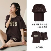 睡衣女款夏季自带胸垫短袖纯棉短裤女士夏天薄款家居服可外穿大码