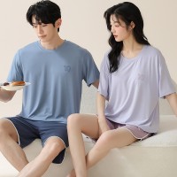 夏季新款情侣短袖短裤莫代尔睡衣夏天男士套装女士简约宽松家居服