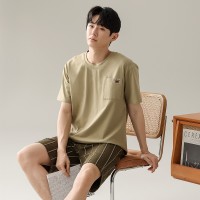 新款夏季纯棉睡衣男短袖短裤套头圆领家居服男士休闲宽松大码套装