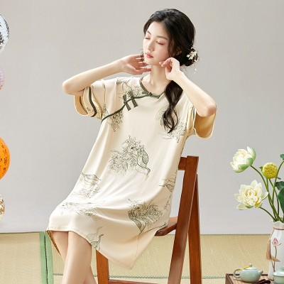 <!--2024古风短袖睡裙女夏季新中式女士睡衣夏款仿棉薄款家居服可外穿-->