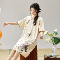2024古风短袖睡裙女夏季新中式女士睡衣夏款仿棉薄款家居服可外穿