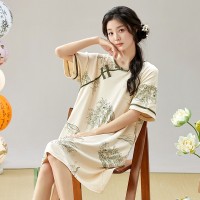 2024古风短袖睡裙女夏季新中式女士睡衣夏款仿棉薄款家居服可外穿