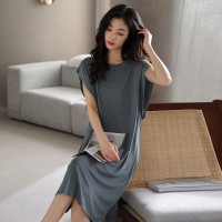2024莫代尔带胸垫休闲中长款睡裙夏季短袖新款女家居裙可外穿