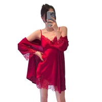 性感吊带冰丝睡裙两件套春夏纯欲风带胸垫睡衣套装私房女士家居服