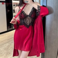 蕾丝诱惑显瘦冰丝睡裙套装性感吊带带胸垫睡衣春夏私房女士家居服