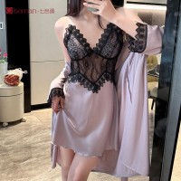 蕾丝诱惑显瘦冰丝睡裙套装性感吊带带胸垫睡衣春夏私房女士家居服