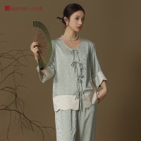 新中式短袖睡衣春秋款女高级感冰丝提花家居服可外穿睡衣套装夏季
