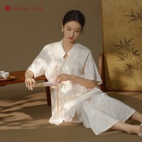 2024年新款新中式民族风短袖长裤家居服女式提花冰丝睡衣女春夏