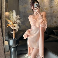 2024轻奢蕾丝性感吊带睡裙春夏缎面带胸垫冰丝家居服薄款睡衣女士