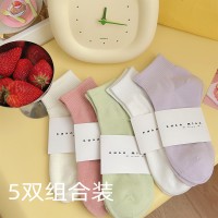 纯棉薄款日系学生袜子5双组合运动休闲彩色短袜糖果色春秋短筒袜