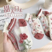 夏季薄款水晶袜子女玻璃丝郁金香粉色短袜可爱花边透明卡丝船袜