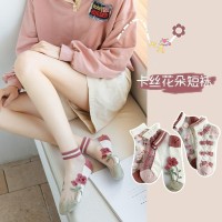 夏季薄款水晶袜子女玻璃丝郁金香粉色短袜可爱花边透明卡丝船袜