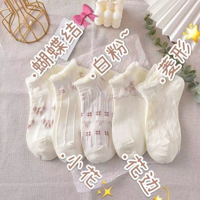 <!--5双装袜子女短袜夏天薄款jk洛丽塔木耳边日系潮款花边网红女短筒-->