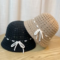 韩版镂空蝴蝶结透气盆帽子女海边新款小众设计感防晒沙滩水桶帽潮