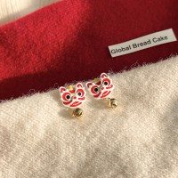 S925银针潮中风醒狮耳环女新年喜庆红色可爱小狮子耳钉耳饰品