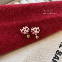 S925银针潮中风醒狮耳环女新年喜庆红色可爱小狮子耳钉耳饰品