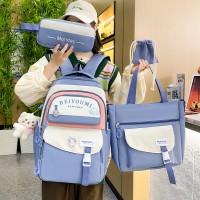 新品四件套书包女生韩版牛津布撞色小学生背包初中生双肩包高颜值