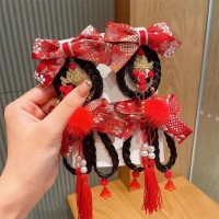 新款发饰对夹童蝴蝶结假发汉服发夹头饰新年流苏辫子发饰对夹