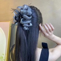 高级感网纱羽毛蝴蝶结泡泡抓夹女后脑勺盘发鲨鱼夹子气质发夹头饰