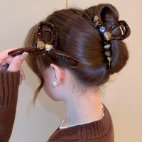 高级感咖色水钻珍珠发夹女后脑勺ins发卡鲨鱼夹子头饰发量多全抓