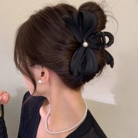 法式优雅珍珠蝴蝶结抓夹女夏简约气质高级感后脑勺盘发鲨鱼夹头饰