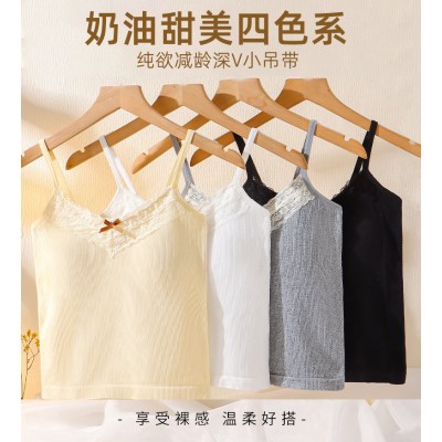 <!--性感蕾丝美背防走光长版背心带胸垫细肩带少女内搭无痕吊带背心女-->