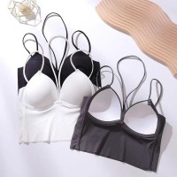 夏季薄款冰丝挂脖深V性感美背内衣乳胶一体杯裹胸外穿吊带背心女