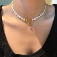 铜镀真金时尚轻奢淡水贝母串珠爱心项链女OT扣小众气质网红锁骨链