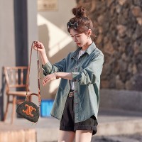休闲纯色宽松单排多扣年春季牛仔衬衫