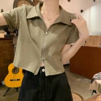 Polo衫翻领纯棉短袖t恤女夏季法式修身正肩拉链短款上衣