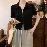 Polo衫翻领纯棉短袖t恤女夏季法式修身正肩拉链短款上衣