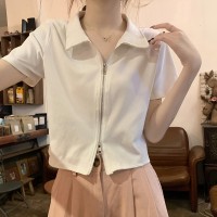 Polo衫翻领纯棉短袖t恤女夏季法式修身正肩拉链短款上衣