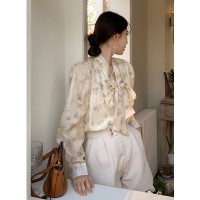 2024春夏新款Chic法式别致油画感印花甜美系带丝质上衣女