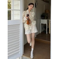 2024春夏新款Chic法式别致油画感印花甜美系带丝质上衣女