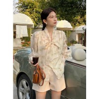 2024春夏新款Chic法式别致油画感印花甜美系带丝质上衣女