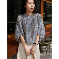 清爽棉蝙蝠袖后蝴蝶结衬衫上衣女の