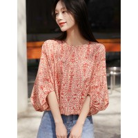 清爽棉蝙蝠袖后蝴蝶结衬衫上衣女の