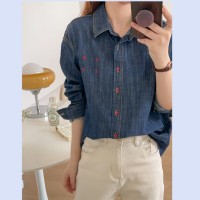 新法式复古牛仔衬衣女2024春百搭叠穿蓝色开衫外套小众设计感上衣