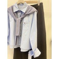 春季新复古纯色纯棉浅蓝色衬衫女