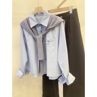 春季新复古纯色纯棉浅蓝色衬衫女