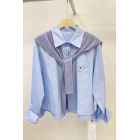 春季新复古纯色纯棉浅蓝色衬衫女