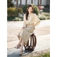 安吉拉真丝香槟色中式风衬衫19姆