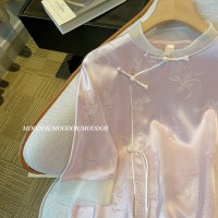 新中式改良旗袍衬衫女设计感小众高端气质粉色缎面盘扣上衣夏