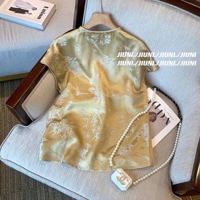 <!--新中式GU风复古提花盘扣缎面衬衫女夏季2024新款休闲洋气短袖上衣-->