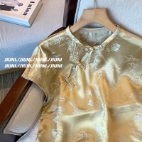 新中式GU风复古提花盘扣缎面衬衫女夏季2024新款休闲洋气短袖上衣