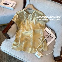 新中式GU风复古提花盘扣缎面衬衫女夏季2024新款休闲洋气短袖上衣