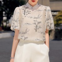 法式衬衫女2024夏季新款高级感复古中GUO风印花洋气上衣
