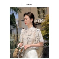 法式衬衫女2024夏季新款高级感复古中GUO风印花洋气上衣