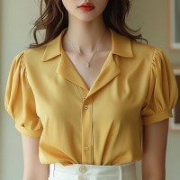 姜黄色短袖衬衫女2024新款独特漂亮小衫高端气质上衣轻熟法式小众